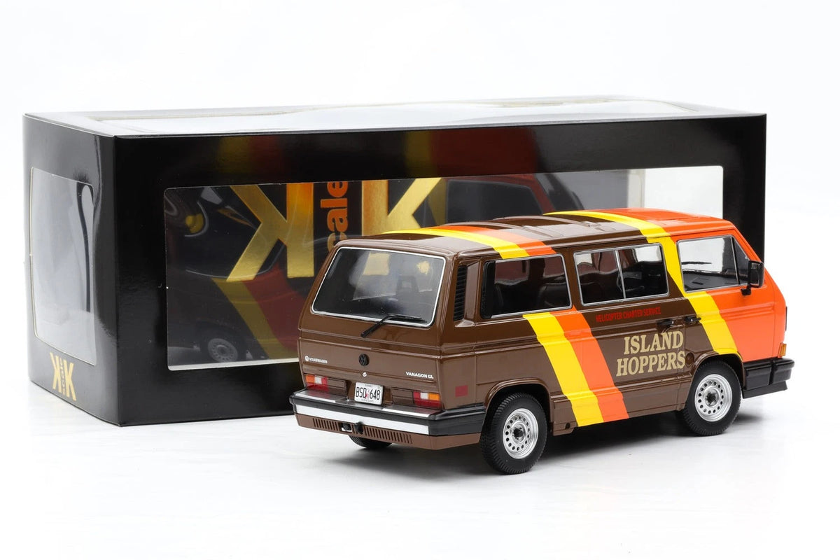 KK Scale 1:18 Magnum P.I. 1987 Volkswagen T3 Minibus Multivan Island Hoppers + Thomas & Theodore Calvin (T.C.) – 3-Piece Set – KKDC180993 / KKFIG031 / KKFIG055