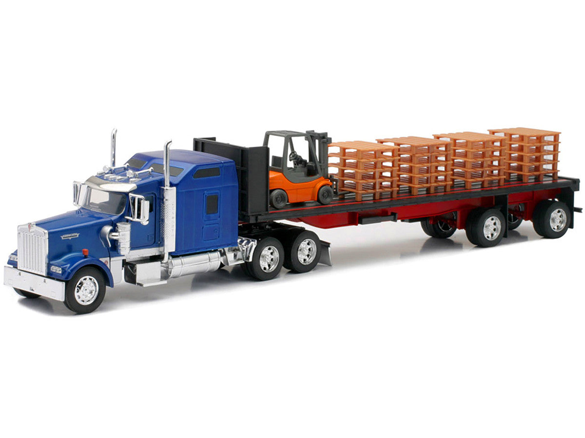 Kenworth W900 avec remorque plateau, chariot élévateur et palettes