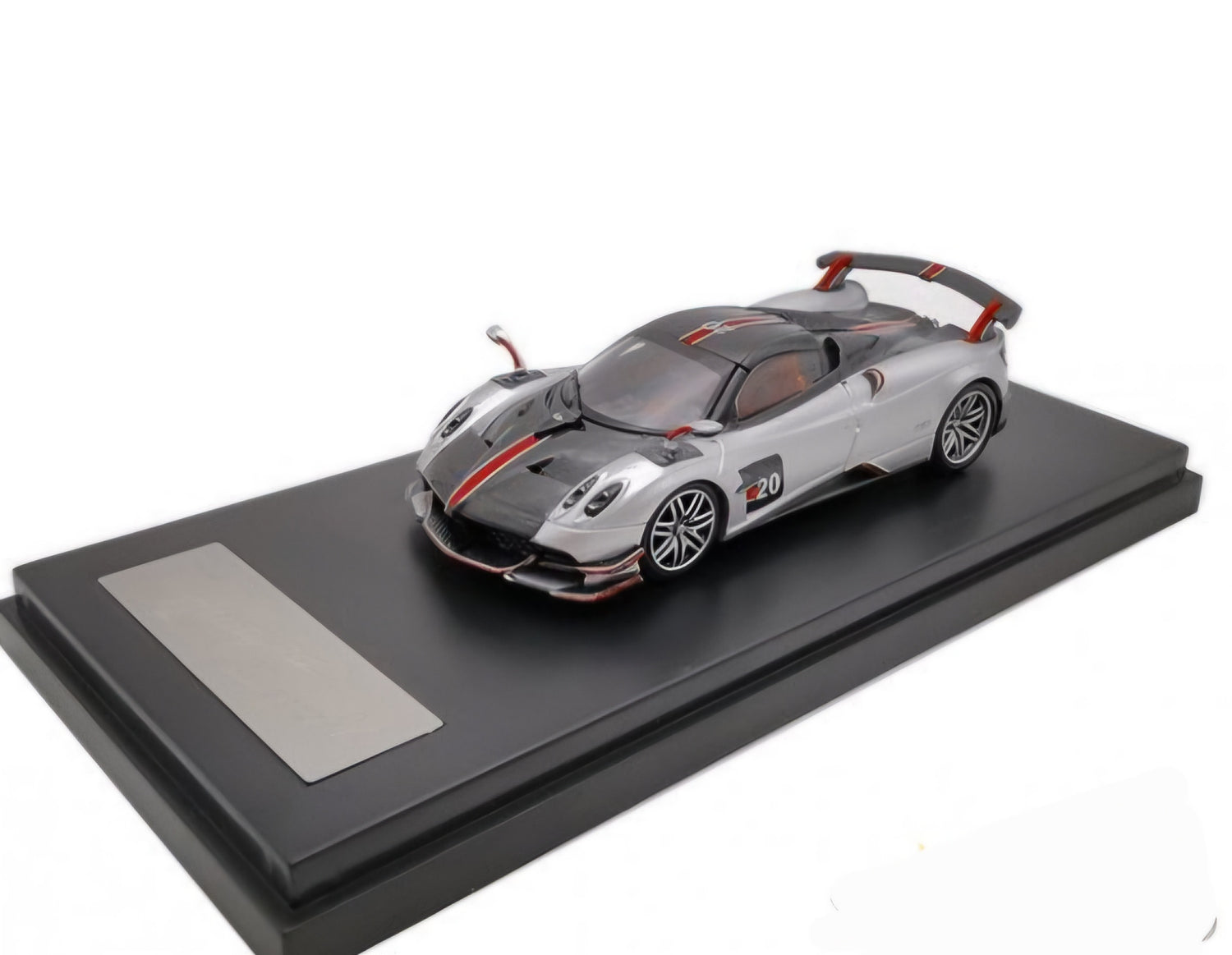 Pagani Huayra BC Roadster-(Silver and Carbon with Red and White Stripes)
