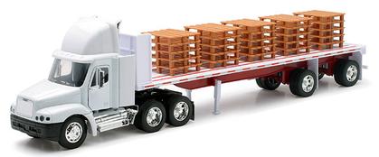 Freightliner Century Classic Tractor with Flatbed Trailer hauling a pallet load