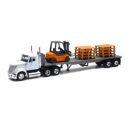 International Lonestar with Flat Bed Hauling a Forklift and Pallets