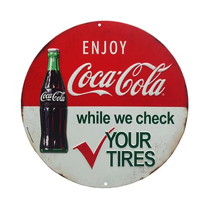 COCA-COLA TIRE CHECK ROUND EMBOSSED TIN SIGN 12"x12"