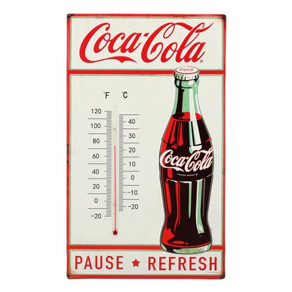 COCA-COLA PAUSE REFRESH EMBOSSED TIN THERMOMETER 12"x20"