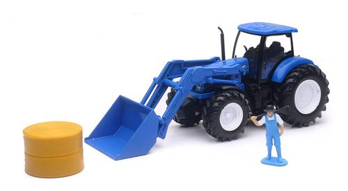 New Holland Farm Tractor with Front Loader, Hay Bale, and Figure