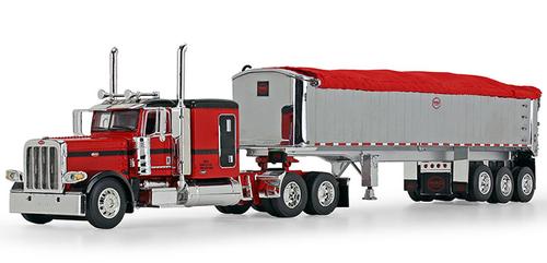 Peterbilt Model 389 with 63" Flattop Sleeper in Black and MAC Half Round End Dump Spread-Axle Trailer