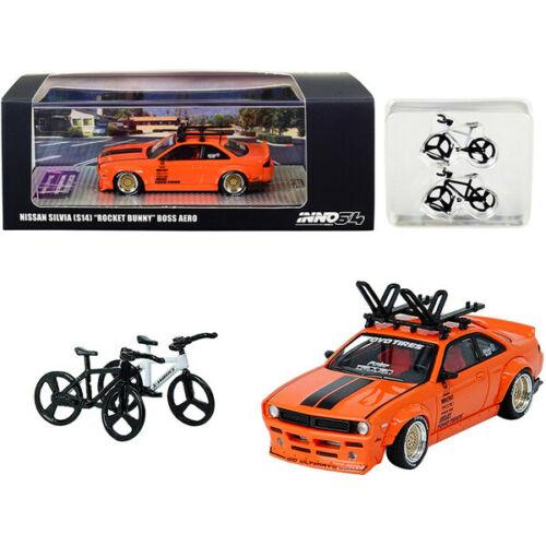 Nissan Silvia (S14) Rocket Bunny Boss Aero Orange with Roof Rack and 2 Bicycles