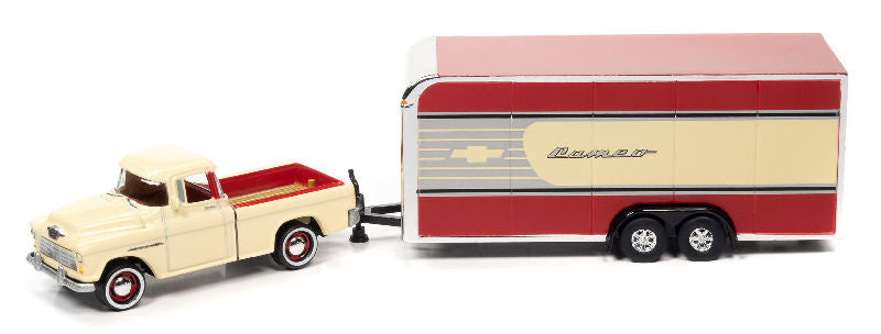 1955 Chevy Cameo Pickup Truck in Bombay Ivory with Enclosed Car Trailer