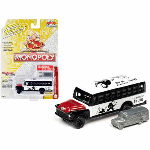1956 Chevrolet School Bus White &amp; Black with Red Hood &amp; Game