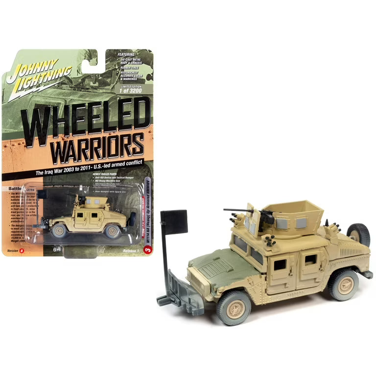 HUMVEE M1114 HA Up-Armored HMMWV Tan Battle Worn - Johnny Lightning 1:64 Wheeled Warriors - JLML006-1B-3