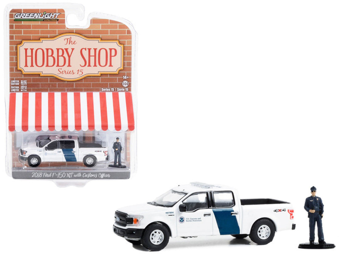 2018 Ford F-150 XLT Pickup Truck White With Blue Stripes "U.S. Customs and Border Protection" with Customs Officer Figure  ,The Hobby Shop Series 15