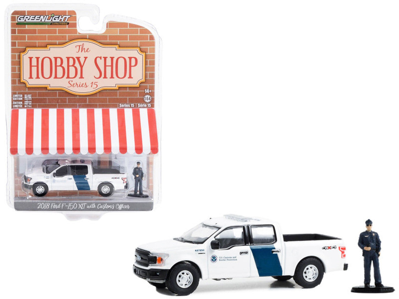 2018 Ford F-150 XLT Pickup Truck White With Blue Stripes "U.S. Customs and Border Protection" with Customs Officer Figure  ,The Hobby Shop Series 15