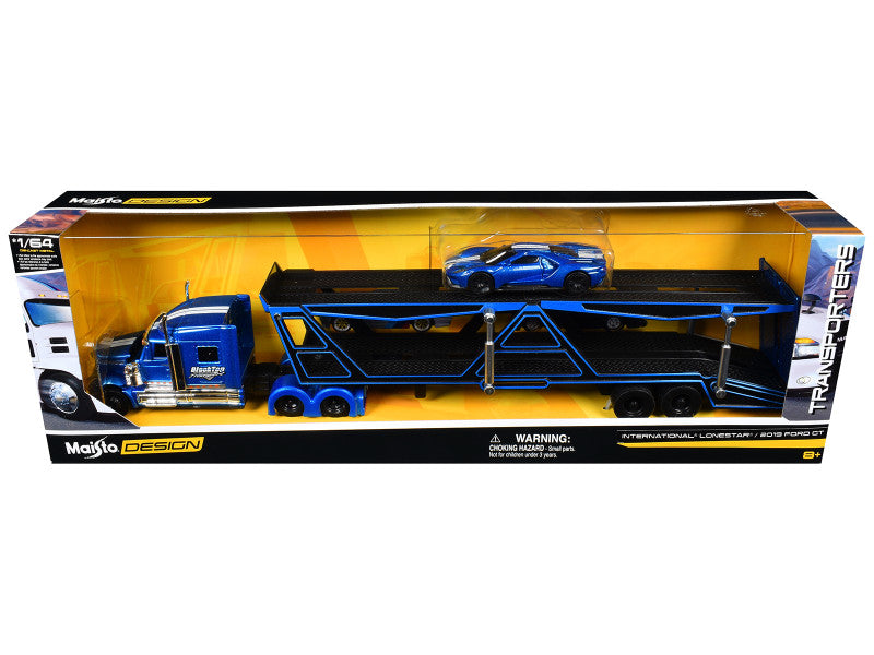 Maisto 1:64 International Lonestar “BlackTop Transport” Open Car Hauler with 2019 Ford GT – Metallic Blue – 11454BL