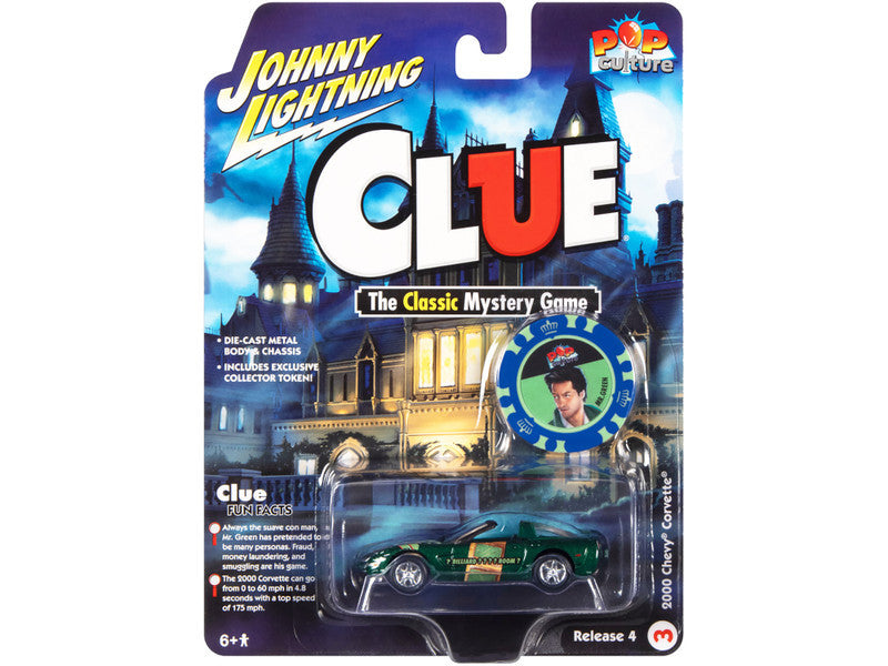 Johnny Lightning Pop Culture Release 4 Modern Clue 2000 Chevrolet Corvette Convertible Mr. Green avec jeton – Vert métallisé – JLPC009-JLSP265