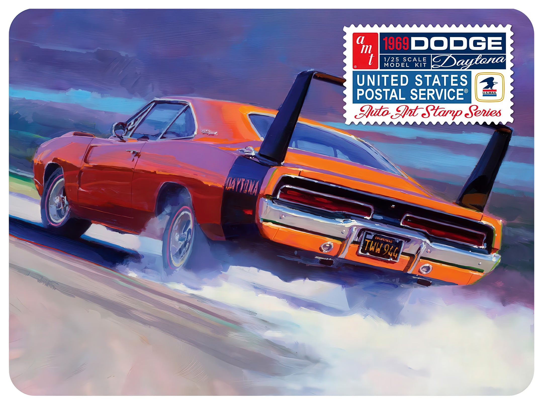 AMT 1/25 1969 Dodge Charger Daytona USPS Stamp Series avec boîte collector en métal