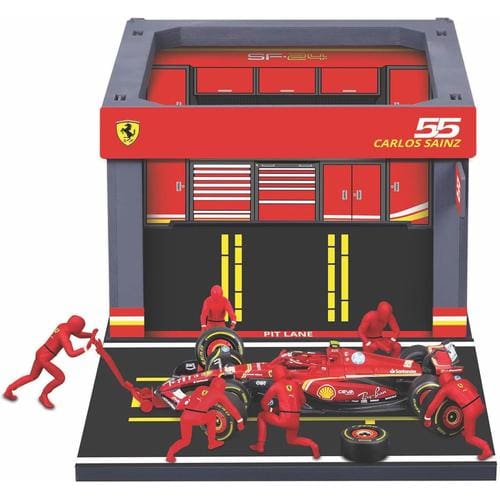 Bburago Diorama-1:43-2024 Formula Race Ferrari SF-24  Pit Pass Paddock Set, Sainz 