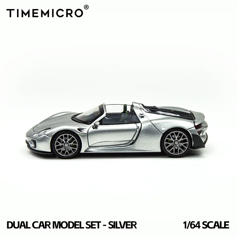 TimeMicro 1/64- 2-Car Set Porsche 918 Spyder &amp; Porsche Carrera GT (Silver) TM643529-T