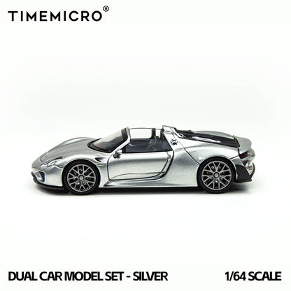 TimeMicro 1/64- 2-Car Set Porsche 918 Spyder &amp; Porsche Carrera GT (Silver) TM643529-T