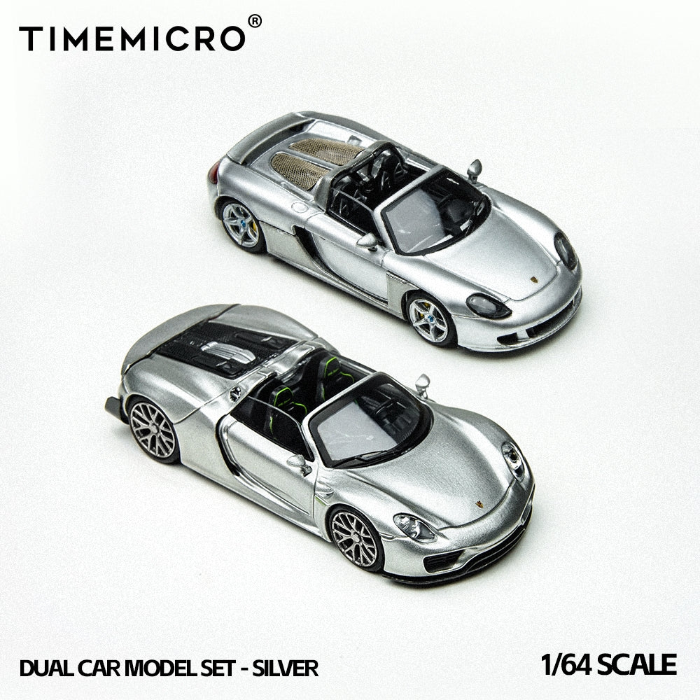 TimeMicro 1/64- 2-Car Set Porsche 918 Spyder &amp; Porsche Carrera GT (Silver) TM643529-T