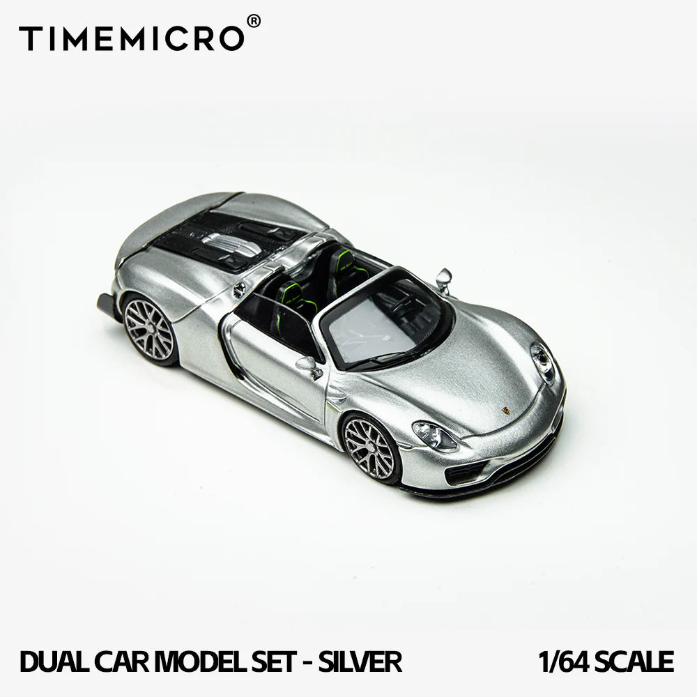 TimeMicro 1/64- 2-Car Set Porsche 918 Spyder &amp; Porsche Carrera GT (Silver) TM643529-T