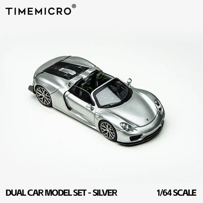 TimeMicro 1/64- 2-Car Set Porsche 918 Spyder &amp; Porsche Carrera GT (Silver) TM643529-T