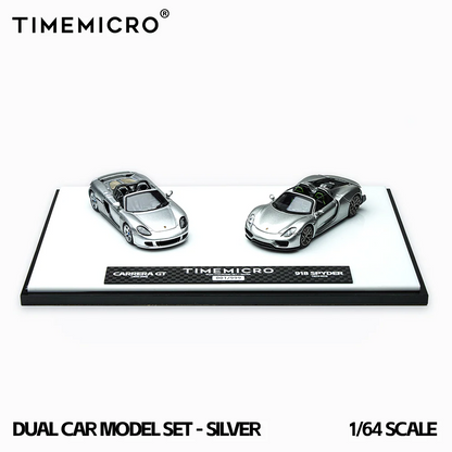 TimeMicro 1/64- 2-Car Set Porsche 918 Spyder &amp; Porsche Carrera GT (Silver) TM643529-T