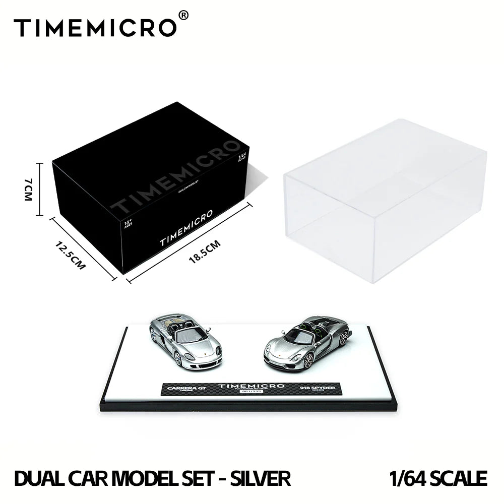TimeMicro 1/64- 2-Car Set Porsche 918 Spyder &amp; Porsche Carrera GT (Silver) TM643529-T