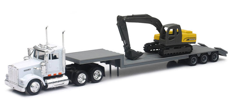 Kenworth W900 with Lowboy Trailer hauling an Excavator