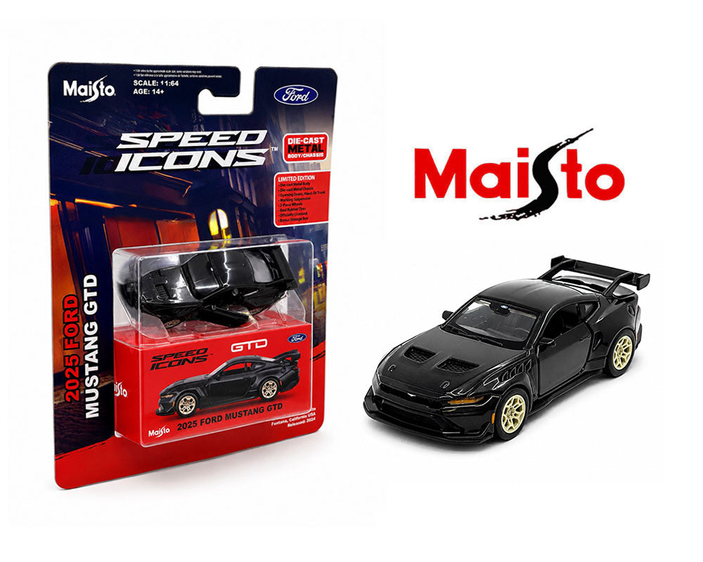 Maisto 1:64 Speed Icons 2025 Ford Mustang GTD – Metallic Black – 15713BK