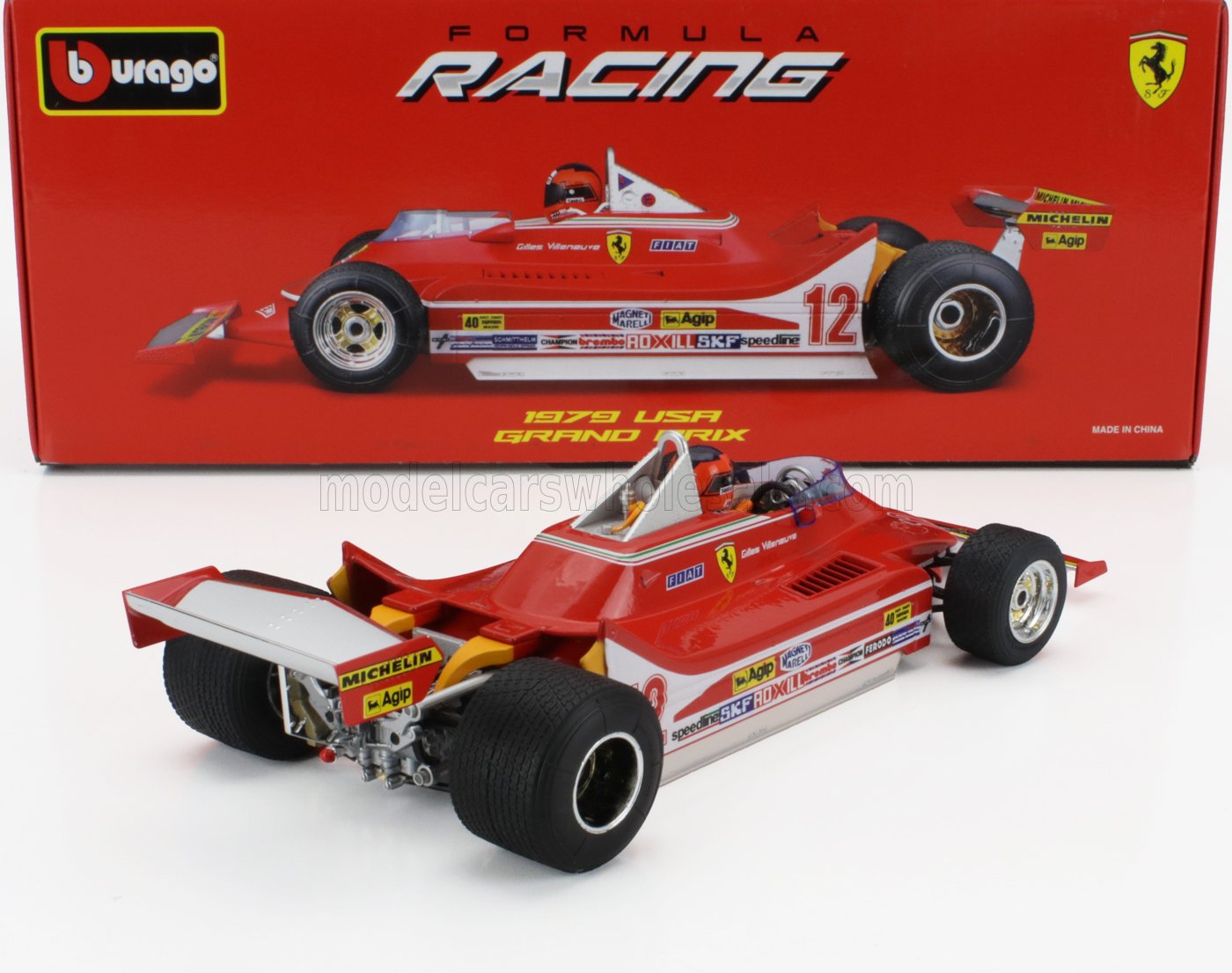 1979 USA GRAND PRIX. GILLES VILLENEUVE- F1 FERRARI - F1 312T4 N 12 WINNER WATKINS GLEN GP USA (WITH PILOT FIGURE AND RAIN WHEELS)