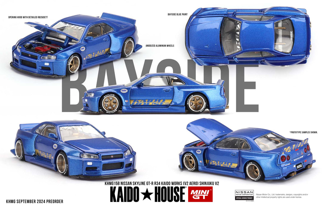 Kaido House x Mini GT - Nissan Skyline GT-R (R34) Kaido Works (V2 Aero) SHINJUKU V2 - Blue  (KHMG158)