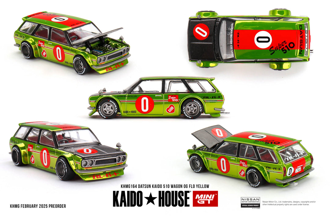 (PRE-ORDER, Q3, 2025-LIMIT 1 PER CUSTOMER) Kaido House x Mini GT - Datsun KAIDO 510 Wagon OG Flo – Chrome Yellow  (KHMG164)