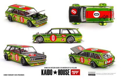 (PRE-ORDER, Q3, 2025-LIMIT 1 PER CUSTOMER) Kaido House x Mini GT - Datsun KAIDO 510 Wagon OG Flo – Chrome Yellow  (KHMG164)
