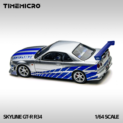 ***(1 PER CLIENT-1 PAR CLIENT)*** TimeMicro 1/64-Nissan Skyline GT-R R34 FNF Silver/ Blue TM800502