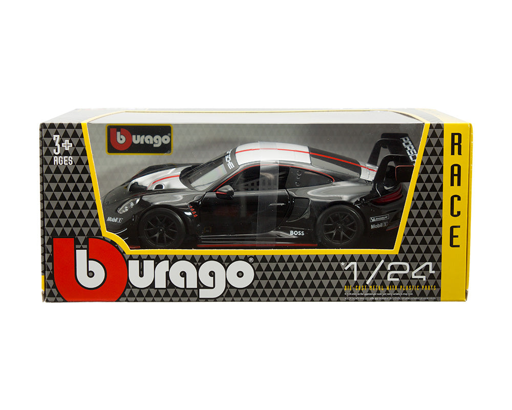 Bburago 1:24 Porsche 911 GT3 R – Noir avec bandes argentées et rouges – Race Series – 18-28048