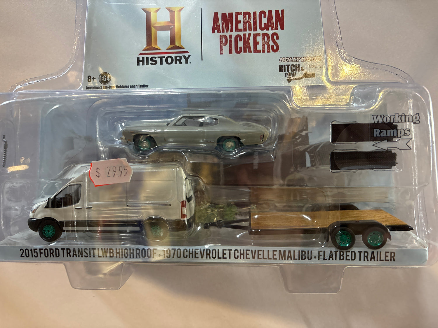 GREEN CHASE  1:64 Hitch &amp; Tow American Pickers 2015 Ford Transit with Unrestored 1970 Chevrolet Chevelle Malibu