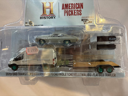 GREEN CHASE  1:64 Hitch &amp; Tow American Pickers 2015 Ford Transit with Unrestored 1970 Chevrolet Chevelle Malibu