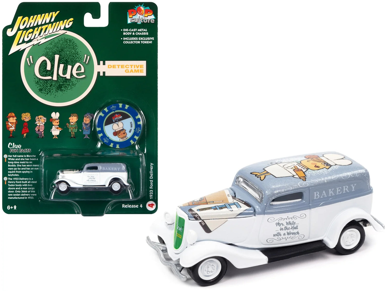 Johnny Lightning Pop Culture Release 4 Vintage Clue 1933 Ford Delivery Van Mrs. White avec jeton – Blanc avec toit gris – JLPC009-JLSP266
