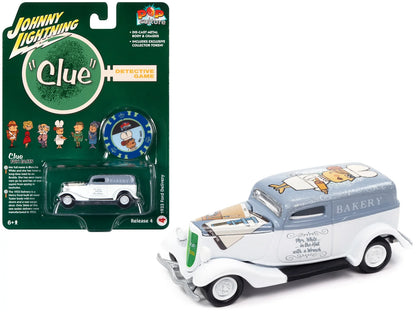 Johnny Lightning Pop Culture Release 4 Vintage Clue 1933 Ford Delivery Van Mrs. White avec jeton – Blanc avec toit gris – JLPC009-JLSP266