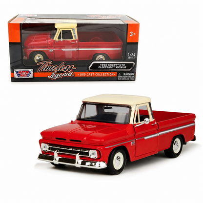 1966 Chevrolet C10 Fleetside Pickup – Rouge avec toit beige – Motormax 1:24 Timeless Legends – 73355AC-RDWH