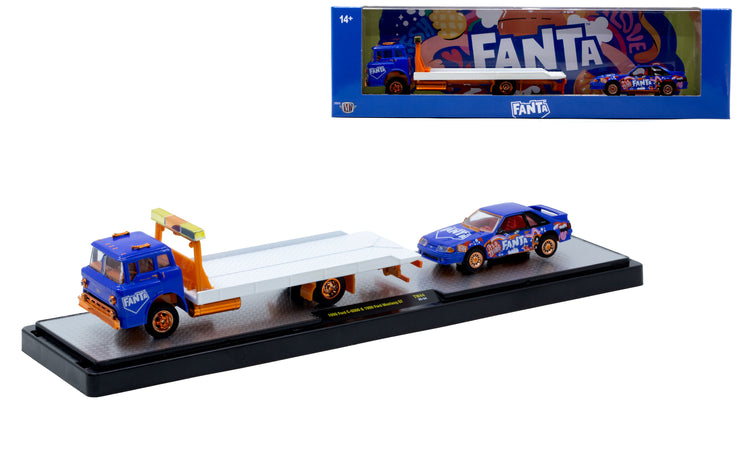 CHASE CARS Fanta – 1990 Ford C-8000 &amp; 1990 Ford Mustang GT (CHASE-56000-TW44C) (M2 Machines Auto-Haulers Coca-Cola Release TW44)