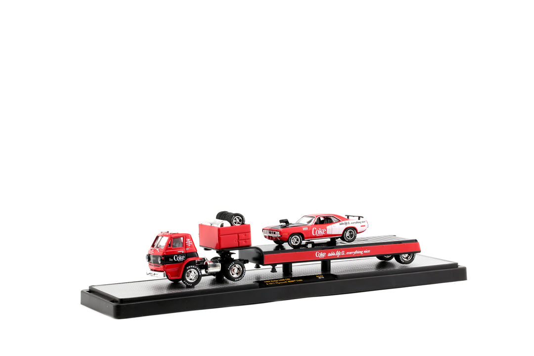 Coca-Cola-1969 Dodge L60 COE &amp; 1971 Plymouth HEMI Cuda (M2 Machines Auto-Haulers 56000-RCO2)