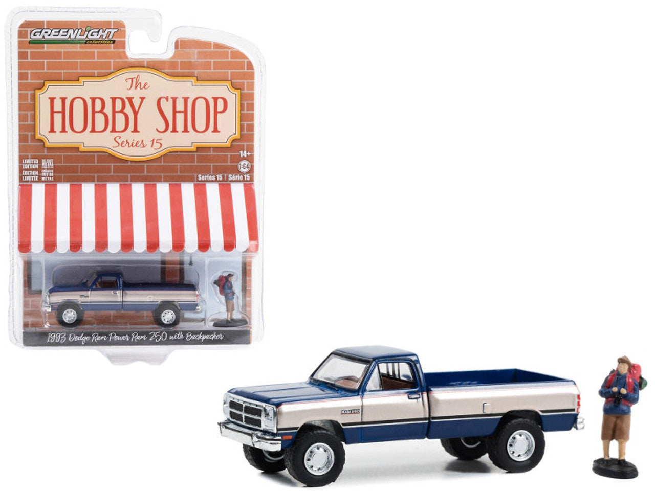 1993 Dodge Ram Power Ram 250 Pickup Truck Blue and Silver Metallic with Backpacker Figure ,The Hobby Shop Series 15