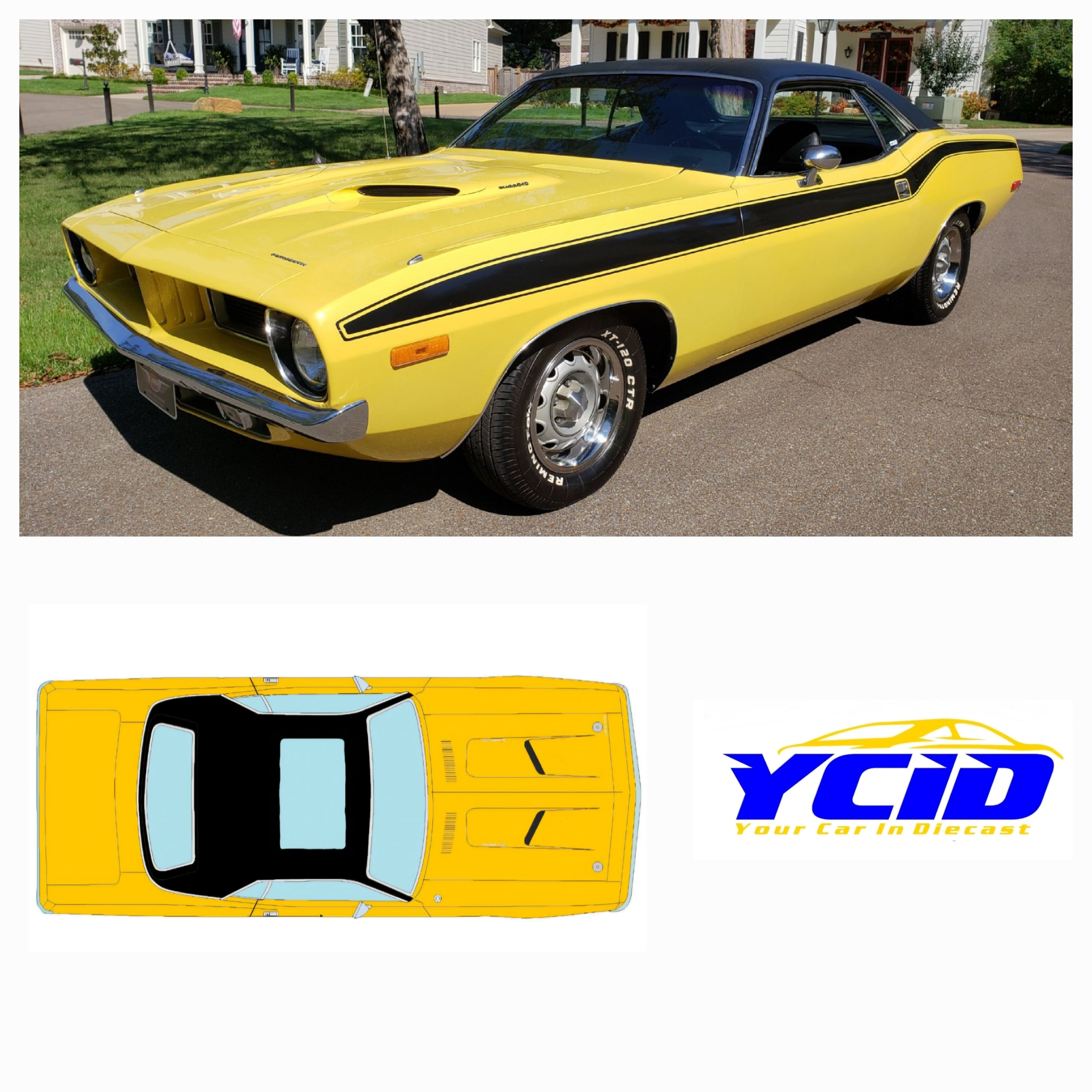 1972 Cuda 340, toit ouvrant- Sunroof &amp; Black Vinyl Top. Lemon Twist Yellow (Limitée à 60 unités-Limited to 60 units)