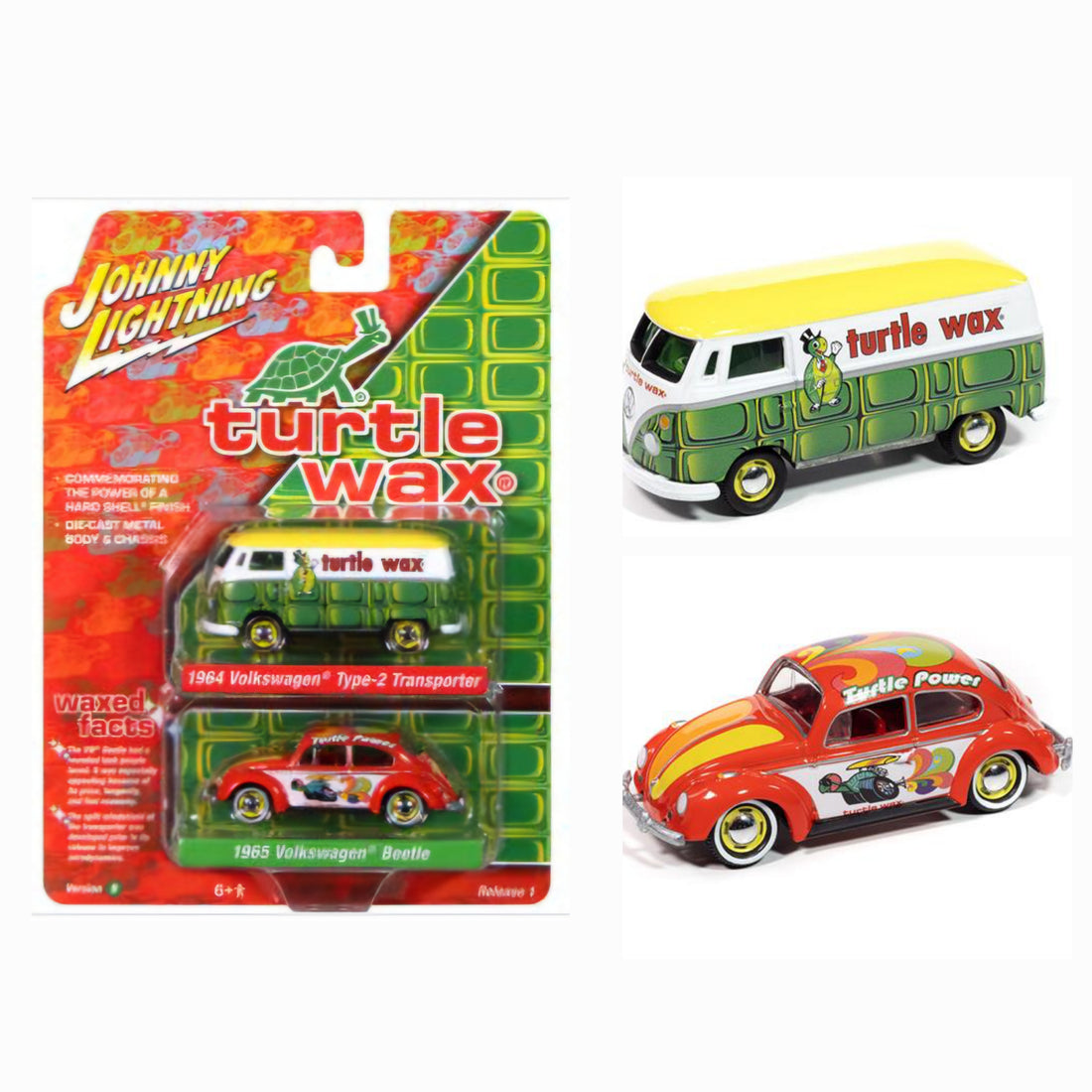 Johnny Lightning Duo-Pack 2025 Release 1- Set-B , Turtle Wax, 1964 Volkswagen Type 2 Transporter &amp; 1965 Volkswagen Beetle
