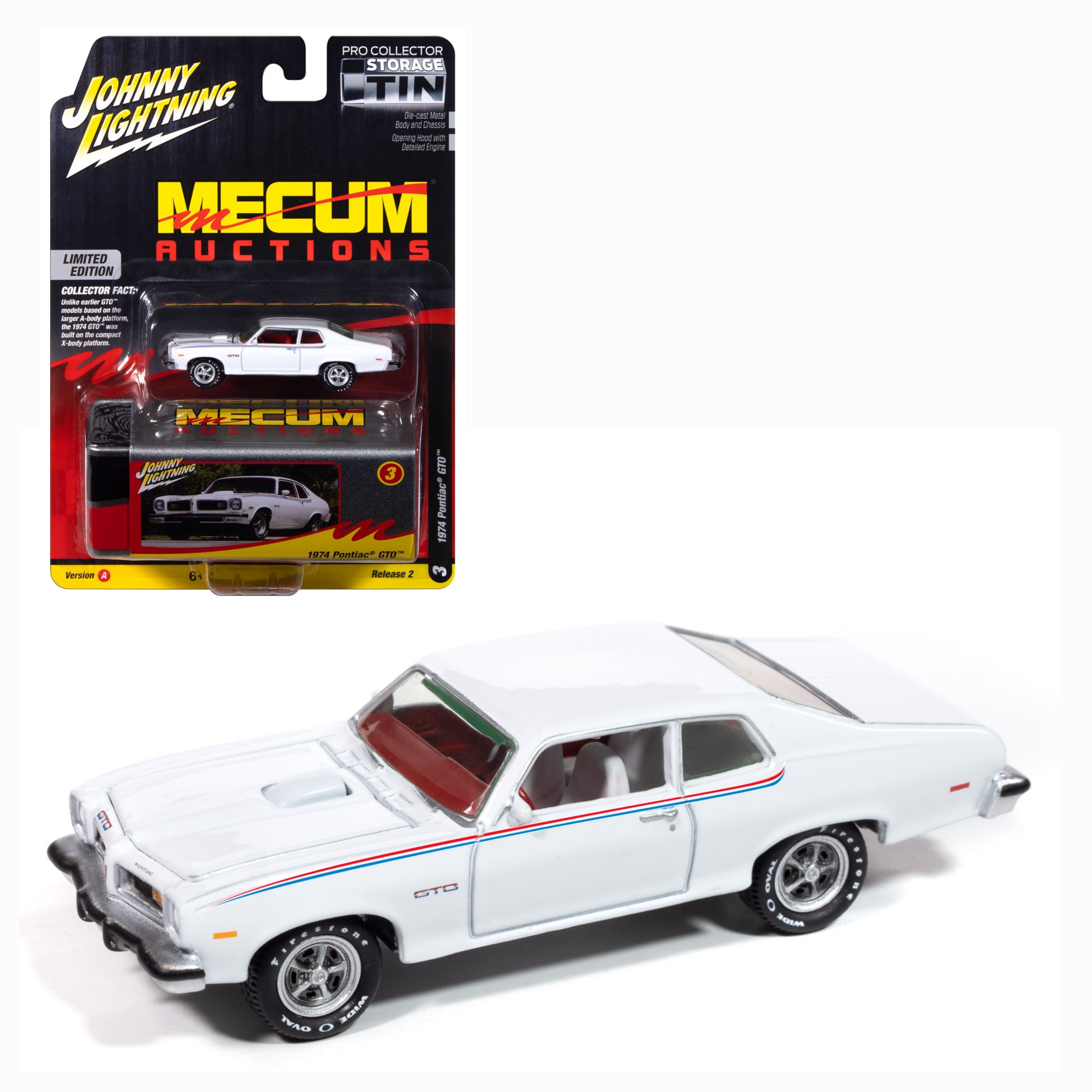 1974 Pontiac GTO Mecum Auctions in White with Red, White, and Blue Stripe  (1 par client- 1 per customer)