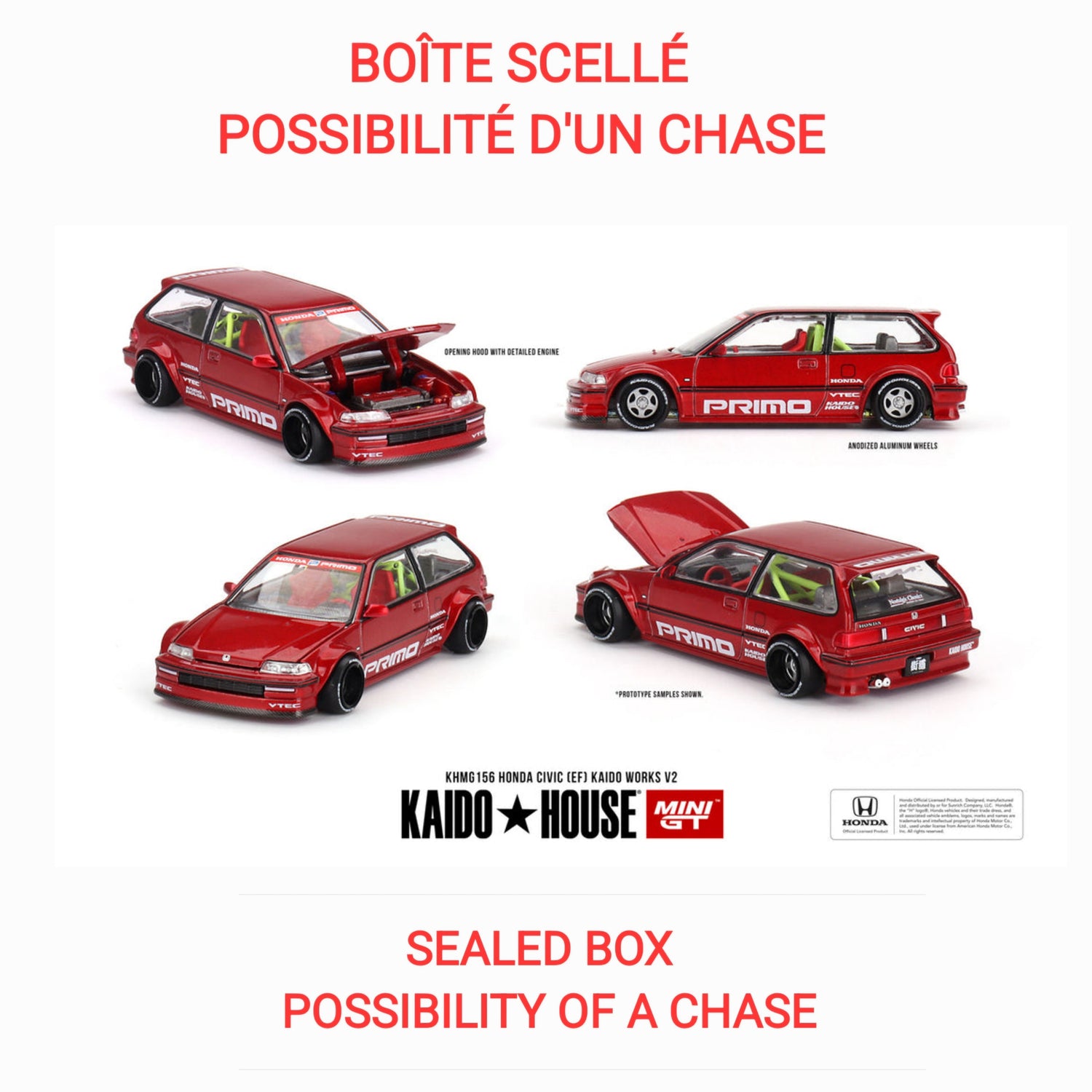 Kaido House x Mini GT - Honda Civic (EF) Kaido Works V2- M Red  (KHMG156)***LIMITE DE 1 PAR CLIENT-LIMIT OF 1 PER CLIENT***