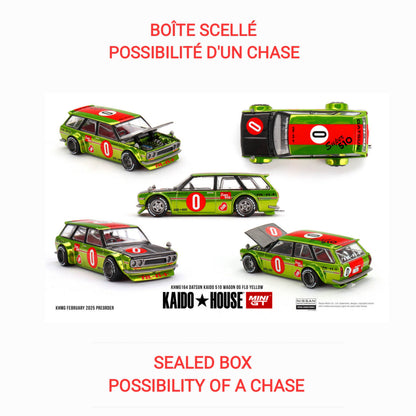 (PRE-ORDER, Q3, 2025-LIMIT 1 PER CUSTOMER) Kaido House x Mini GT - Datsun KAIDO 510 Wagon OG Flo – Chrome Yellow  (KHMG164)