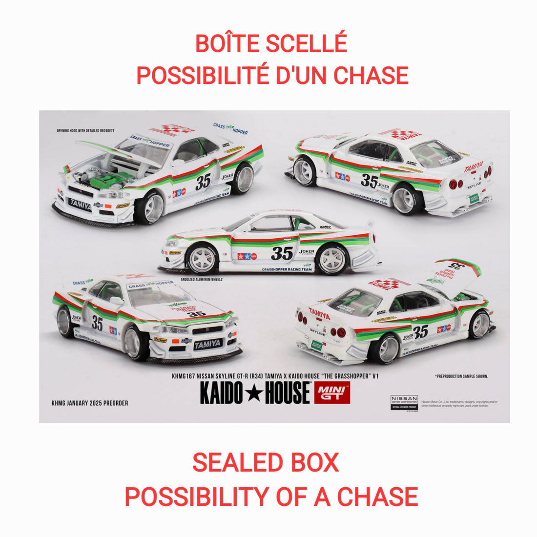 Kaido House x Mini GT - Nissan Skyline GT-R (R34) Tamiya X Kaido House “The Grasshopper” V1 – White (KHMG167) ***LIMITE DE 1 PAR CLIENT-LIMIT OF 1 PER CLIENT***