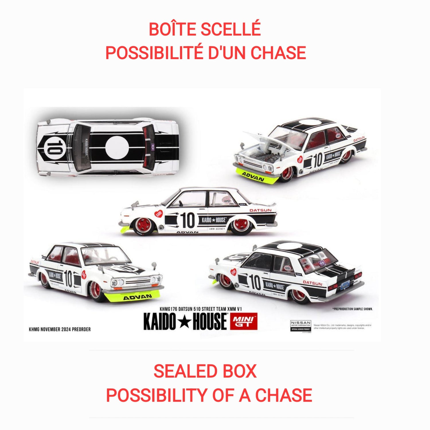 Kaido House x Mini GT - Datsun 510 Street Team XMM V1 - White (KHMG176)