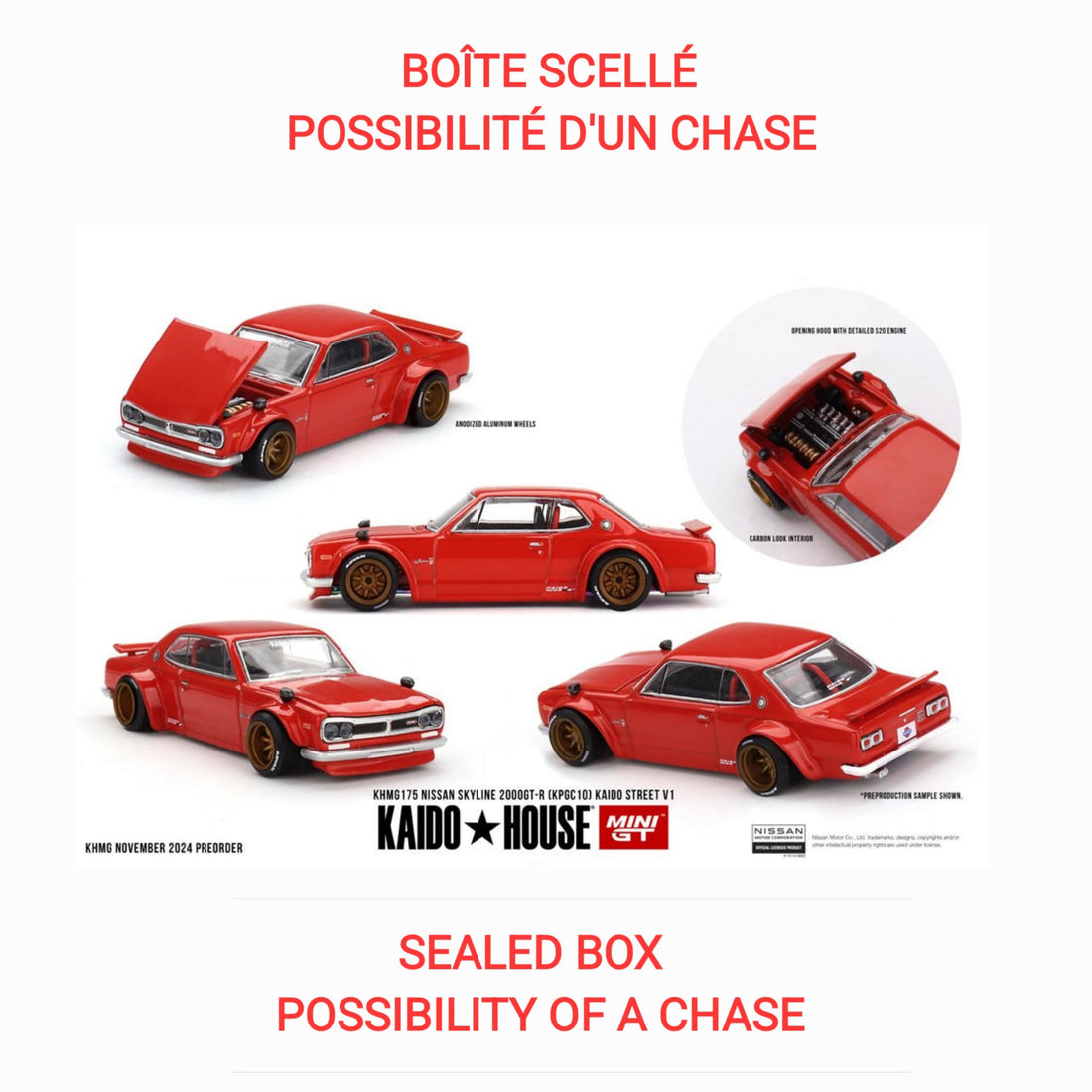 VOIR NOTE LAST ONE LE DERNIER OPEN BOX BOITE OUVERTE KAIDO House x Mini GT - Nissan Skyline 2000GT-R (KPGC10) Kaido Street V1 - Red (KHMG175)